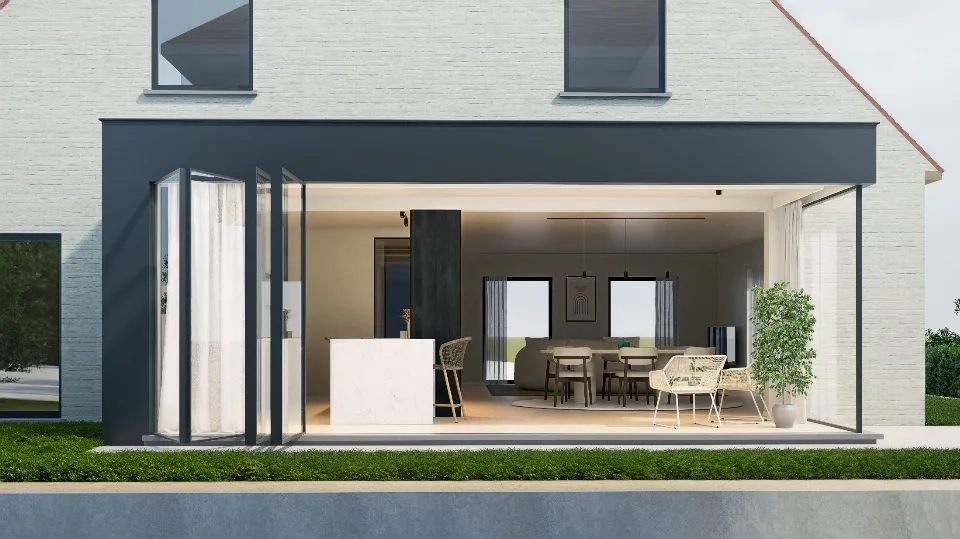 Detail van de gevelafwerking van de gerenoveerde woning in Knokke-Heist